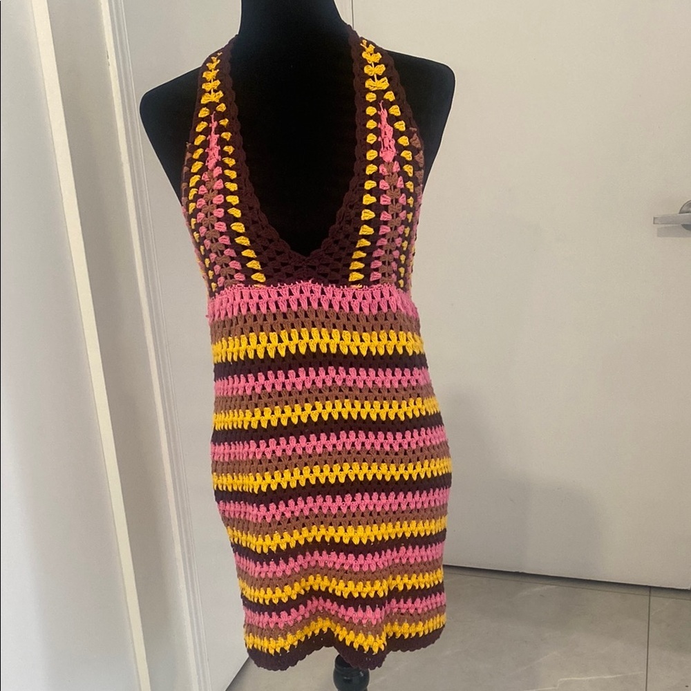 ZARA, Colourful Retro Crochet Halter Dress, with deep V-Neck Size Large - Picture 3 of 17